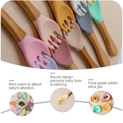 Bpa Free Infant Kids ชุดช้อนส้อมไม้ซิลิโคน Baby Spoon