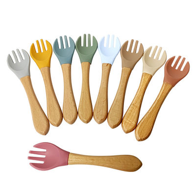 Bpa Free Infant Kids ชุดช้อนส้อมไม้ซิลิโคน Baby Spoon